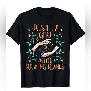Just A Girl with Healing Hands Black Graphic T-Shirt – Soft Cotton Size L, NWOT